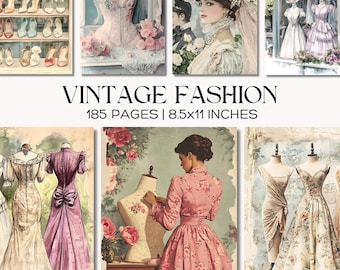 May include: A selection of vintage fashion illustrations showcasing women's attire. The images include dresses, corsets, and hats. The text "VINTAGE FASHION" is visible, along with "185 PAGES | 8.5x11 INCHES". The color scheme features soft pinks, creams, and muted greens.