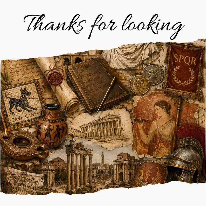 May include: A collage of Roman-themed imagery featuring the text "Thanks for looking" at the top. Elements include a scroll with a red wax seal, a book, a stylus, coins, a mosaic with a dog, an amphora, an oil lamp, and a Roman helmet.