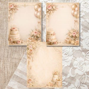 May include: Three stationery sheets with a vintage aesthetic. Each sheet features a cream background with floral and cake illustrations. The designs include a three-tiered cake, roses, balloons, and decorative elements, ideal for invitations or letters.