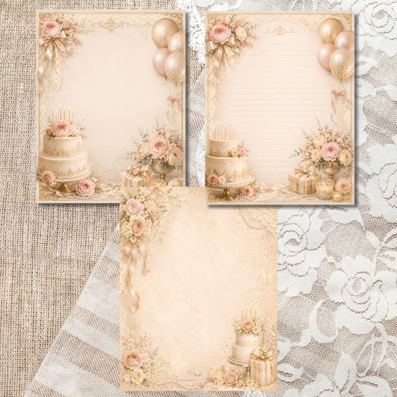 May include: Three stationery sheets with a vintage aesthetic. Each sheet features a cream background with floral and cake illustrations. The designs include a three-tiered cake, roses, balloons, and decorative elements, ideal for invitations or letters.