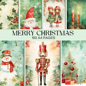 Páginas de diário de Natal, itens vintage de Natal, pacote de papel digital para feriados, álbum de recortes de Natal para impressão do Papai Noel, quebra-nozes e boneco de neve
