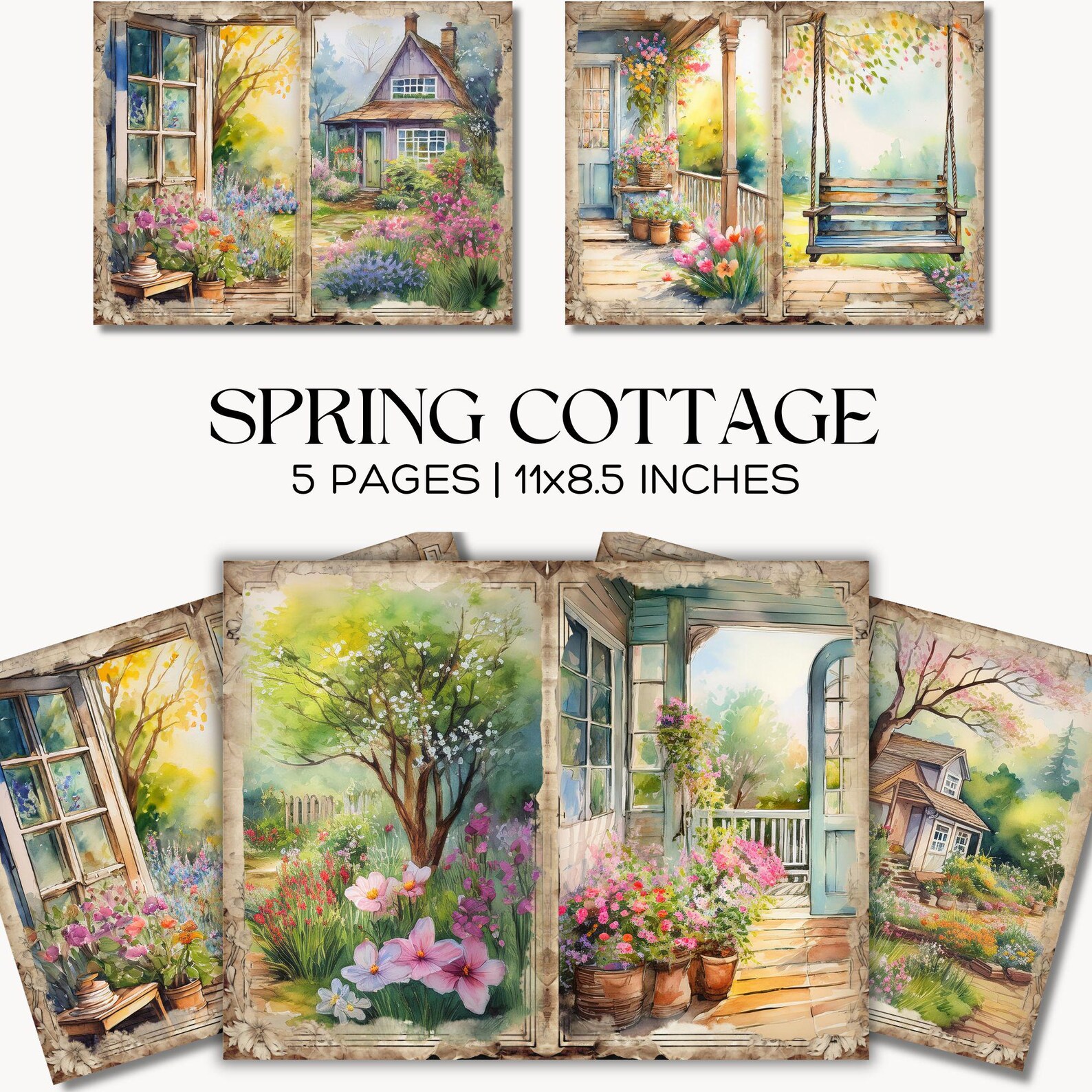 Spring Cottage Watercolor Junk Journal Pages, Cottagecore Floral Garden ...