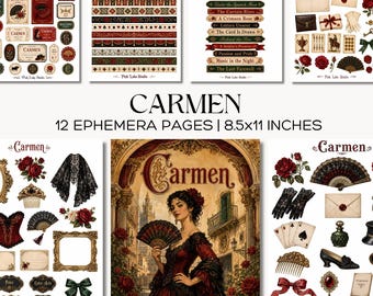 Carmen Junk Journal Kit, Opera Printable Ephemera, Spanish Gothic Romance, Vintage Theatre Scrapbook