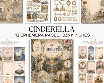 Cinderella Fairytale Journal Kit Vintage Storybook Ephemera with Glass Slipper Tags and Royal Ball Cards