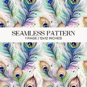 Peacock Feather Seamless Pattern, Teal and Gold Exotic Digital Paper, Luxury Bohemian Background for Fabric, Scrapbooking and Crafts