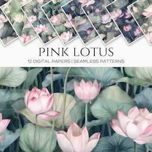 Papel digital com padrão de lótus rosa sem emendas, fundos florais em aquarela, papéis de flores de lótus botânicas de 12 x 12 polegadas para scrapbooking e artesanato