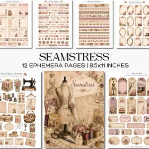 May include: A collection of 12 ephemera pages titled Seamstress, measuring 21.6x27.9 cm. The set includes printable sheets featuring vintage sewing motifs, receipts, word strips, washi borders, decorative frames, tags, labels, and clipart elements.