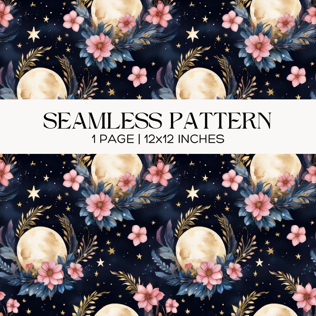 Moon and Stars Seamless Floral Pattern, Celestial Night Sky Background ...