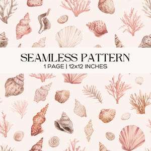 Watercolor Seashell Seamless Pattern, Blush Coral Beach Print, Scrapbook, Papercraft, Junk Journal
