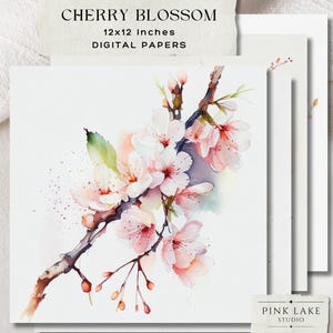 Páginas de diário de sucata de flor de cerejeira, papel digital floral para impressão, fundos de aquarela rosa, itens de scrapbook estéticos de sakura japonesa