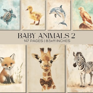 Niedliches Baby-Tier-Digitalpapier, Safari und Bauernhoftiere zum Drucken, Aquarell-Baby-Zoo-Kunst-Kinderzimmer-Sammelalbum-Seiten, 8,5 x 11 Zoll