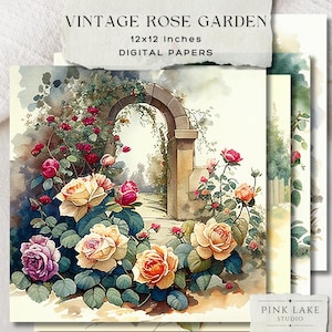 Vintage Rosengarten Digitales Papier Set, 12 hochauflösende JPGs, Shabby Chic Blumenhintergründe für Junk Journals, Scrapbooking & Papierhandwerk