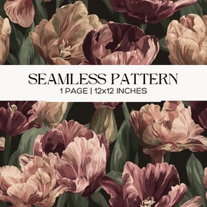May include: Seamless pattern featuring large, stylized tulips in shades of burgundy, peach, and cream against a dark green background. The text "SEAMLESS PATTERN" is displayed above the dimensions of 12x12 inches.