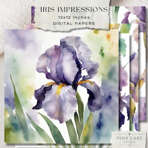 Papier numérique aquarelle iris, papier de scrapbooking floral 12 x 12, éphémères imprimables de journal indésirable, papier artisanal fleur mauve, téléchargement immédiat
