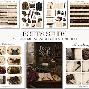 Pode incluir: Uma coleção de 12 páginas de efêmeras Poet's Study medindo 21,6x27,9 cm, apresentando ilustrações de roupas vintage, ferramentas de escrita, tinteiros, máquinas de escrever, papelaria e papel pautado com motivos escuros e acadêmicos.