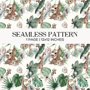 Patrón sin costuras de jirafa de acuarela, papel digital floral de jungla tropical, fondo de safari para guardería, tela para bebé y scrapbooking.