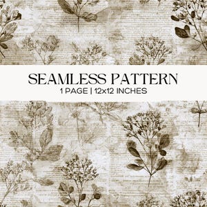 Vintage botanische Schrift nahtlose Muster, Sepia Wildblumen Collage Print, antikes Buchseiten Blumenmuster
