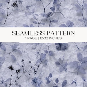 Soft Blue Botanical Seamless Pattern, Pressed Flowers Paper Texture, Scrapbook Printable Backgrounds