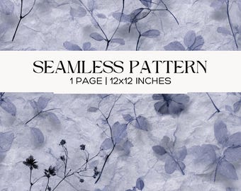 Soft Blue Botanical Seamless Pattern, Pressed Flowers Paper Texture, Scrapbook Printable Backgrounds