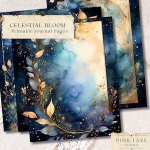 Pages de journal indésirable Bloom céleste, album cosmique bleu nuit et papier numérique or, fond imprimable ciel étoilé, éphémères d'astrologie