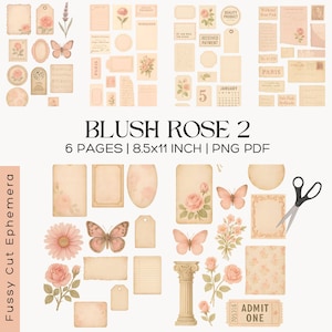 Könnte beinhalten: Eine Sammlung von Ephemera im Vintage-Stil mit einem Blush-Rose-Thema. Enthält Etiketten, Schmetterlinge, Rosen und dekorative Elemente. Der Text "BLUSH ROSE 2" und "6 PAGES | 8.5x11 INCH | PNG PDF" sind sichtbar.