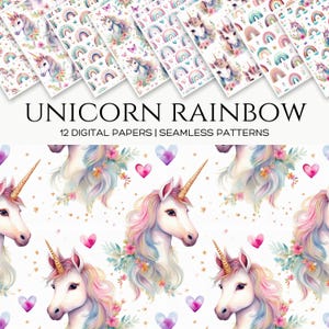 May include: A digital paper pack with 12 seamless patterns featuring unicorns, rainbows, hearts, and stars. The patterns are in shades of pink, blue, and purple.  UNICORN RAINBOW 12 DIGITAL PAPERS | SEAMLESS PATTERNS