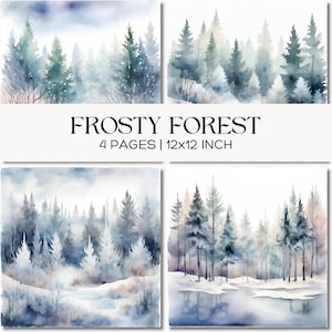 Evergreen Frosty Forest Scrapbook Pages for Papercrafts, Watercolor Pine Tree Woodland Backgrounds