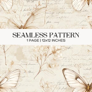 Sepia Butterfly Seamless Pattern, Vintage Neutral Floral Sketch Print, Antique French Script Botanical Design