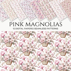 Pacchetto di carta digitale con fiori di magnolia romantica – Motivi floreali rosa senza soluzione di continuità con cuori e farfalle – Artigianato primaverile e design per matrimoni
