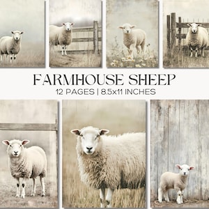 Puede incluir: Ocho imágenes en tonos sepia de ovejas en un entorno de granja. Las imágenes muestran ovejas en campos, cerca de vallas y contra fondos de madera. El texto dice "Farmhouse Sheep" y "12 pages | 8.5x11 inches", que son aproximadamente 21,6 x 28 cm.