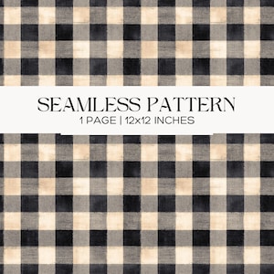 Neutral Gingham Seamless Pattern, Black & Beige Farmhouse Plaid, Rustic Scrapbook Digital Paper, Scrapbooking