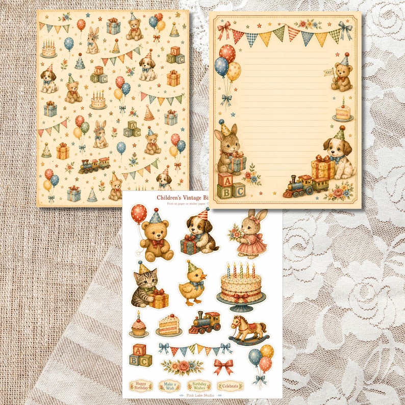 Pu&ograve; includere: Un set di cancelleria con due fogli di carta e un foglio di adesivi con illustrazioni in stile vintage di orsacchiotti, cuccioli, coniglietti, torte di compleanno, palloncini e festoni. Il testo Children's Vintage Birthday &egrave; stampato sul foglio.