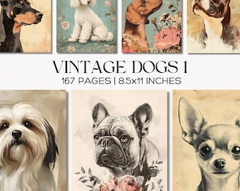 ヴィンテージ犬種ジャンクジャーナルページ、アンティークアートエフェメラ、印刷可能なコラージュシート、デジタルペーパー