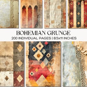 May include: A collection of 200 individual pages titled BOHEMIAN GRUNGE, measuring 8.5x11 inches. The pages feature varied textures, including lace overlays, arched architectural motifs, geometric diamond patterns, and distressed paper effects.