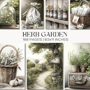 Puede incluir: Una colección de imágenes con el tema del jardín de hierbas. Las imágenes incluyen una campana de cristal con flores, una bolsa con cordón con lavanda, frascos de hierbas, cestas y una escena de camino. Se muestra el texto "HERB GARDEN", junto con "168 PÁGINAS | 21.6x28 cm".