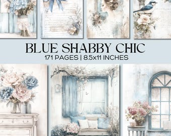 Blue Shabby Chic Junk Journal Kit, Vintage Digital Papers, French Country Ephemera, Romantic Floral Backgrounds, Printable Antique Paper