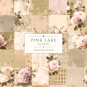 May include: A seamless pattern featuring a patchwork design with various textures and colors, including beige, pink, and green. The pattern incorporates floral elements, with roses in shades of pink and cream. The text "PINK LAKE STUDIO" and "SEAMLESS PATTERN" is displayed.