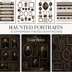 Kit de diario gótico con retratos embrujados, páginas de álbum de recortes de antepasados antiguos, efímeros de estilo Dark Academia.
