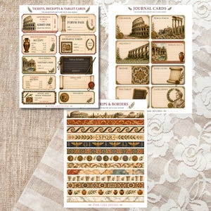 May include: Three sheets of paper featuring printed Roman-themed ephemera, including tickets, receipts, journal cards, and decorative borders. The designs showcase illustrations of the Colosseum, Roman ruins, pottery, scrolls, and laurel wreaths.