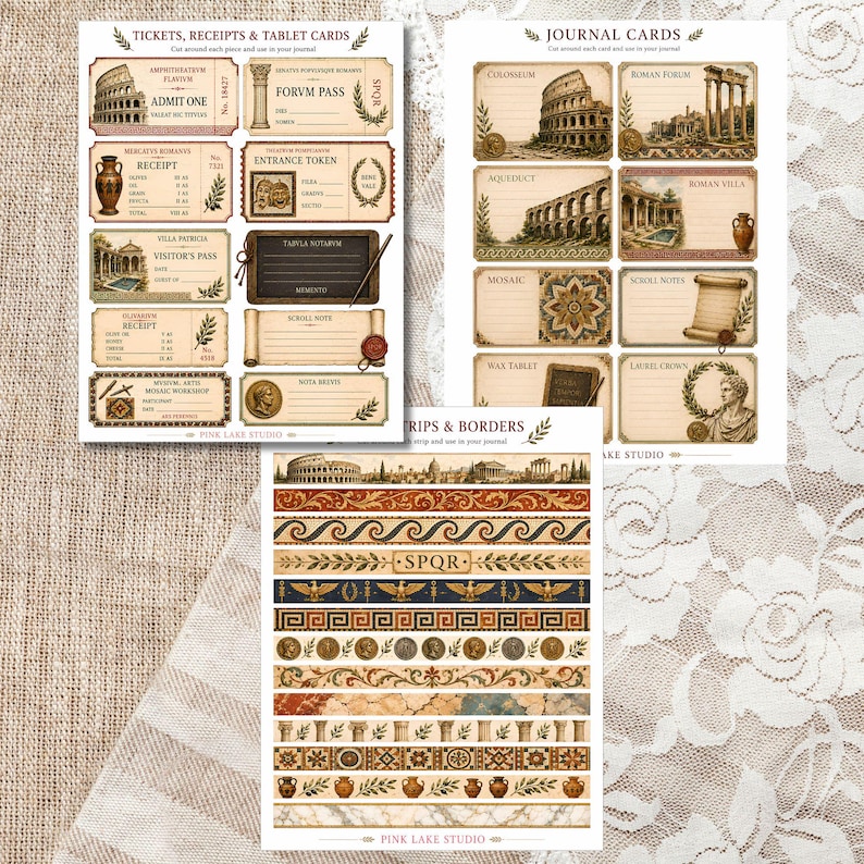 May include: Three sheets of paper featuring printed Roman-themed ephemera, including tickets, receipts, journal cards, and decorative borders. The designs showcase illustrations of the Colosseum, Roman ruins, pottery, scrolls, and laurel wreaths.
