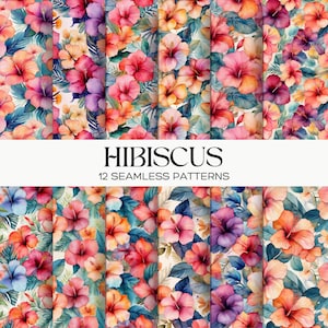 Tropisches Hibiskus-Muster, rotes, digitales Papier mit Blumenmuster, hawaiianischer Sommerhintergrund, bedruckbares Scrapbookpapier, bunte Blumen