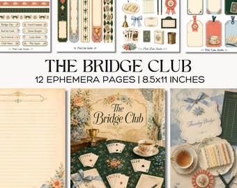Bridge Club Printable Junk Journal Kit, Playing Card Game Ephemera, Grandmillennial Cards Scrapbook Pages