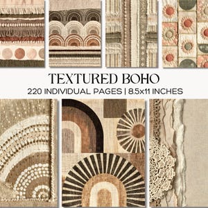 Pode incluir: Uma coleção de 220 páginas individuais medindo 8,5x11 polegadas, intitulada TEXTURED BOHO. As páginas apresentam várias texturas semelhantes a tecidos, incluindo franjas em camadas, arcos bordados, padrões geométricos, motivos florais e detalhes em renda.