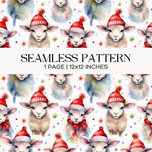 May include: Seamless pattern featuring watercolor illustrations of sheep wearing red and white Santa hats and red scarves. The text "SEAMLESS PATTERN" and "1 PAGE | 12x12 INCHES" are displayed in black font.