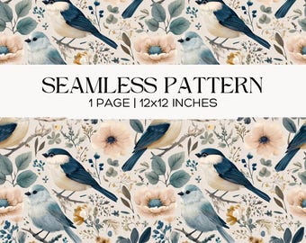 Blue Bird Floral Seamless Pattern, Vintage Cottage Garden Print, Scrapbook, Papercraft, Junk Journal