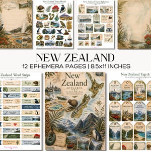 Puede incluir: Una colección de 12 páginas de efemérides de Nueva Zelanda, cada una de 21,6 x 27,9 cm. Las páginas presentan ilustraciones de estilo vintage de paisajes, flora, fauna y elementos relacionados con viajes de Nueva Zelanda. Incluye tiras de palabras, etiquetas y motivos adicionales.