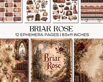 May include: A collection of 12 ephemera pages titled Briar Rose, measuring 8.5x11 inches. The set features vintage-style illustrations of castles, roses, sleeping figures, books, and ornate frames in deep burgundy, cream, and muted brown tones.