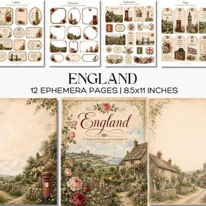 England Junk Journal Kit Vintage Cottage Ephemera Pages Printable Tags Labels Frames Scrapbook Paper