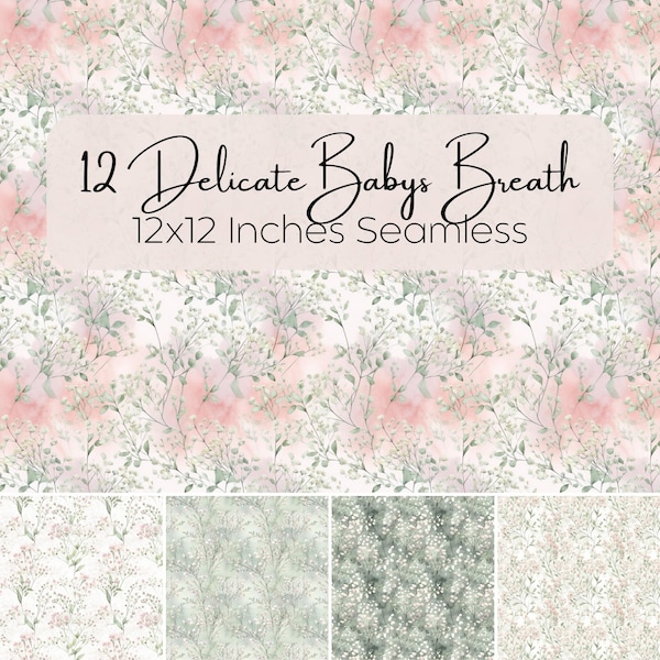 Delicate Baby's Breath, Floral Aquarel Digital Paper Pack, Afdrukbare Naadloze Scrapbooking Patronen, Romantisch Afdrukbaar Papier, Journalling