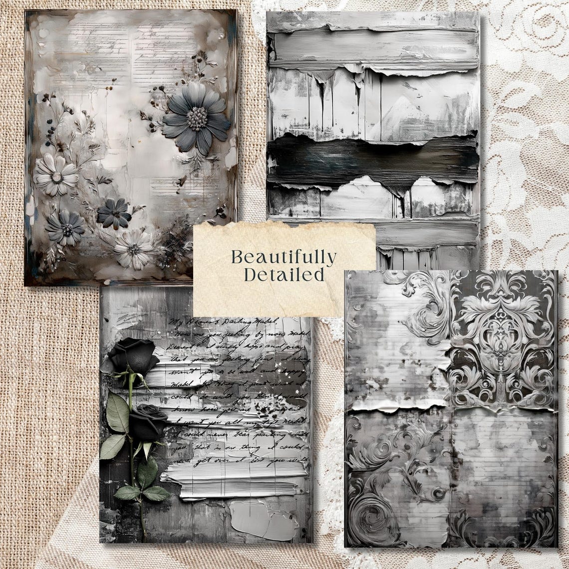 Black and White Distressed Junk Journal Pages, Vintage Grunge Printable ...